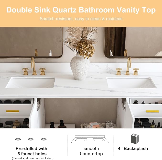 Montary 60" Bathroom Vanity with 2 Sinks & 61" Carrara Quartz Top | with 6 Pre-Drilled Faucet Holes, Solid Wood Cabinet, Soft-Close Double Doors & 9 Smooth-Glide Drawers,White