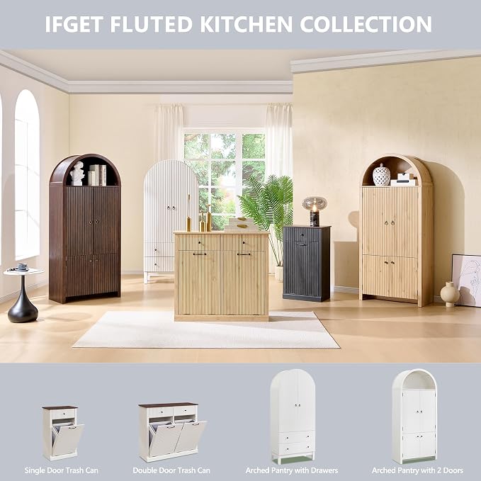 IFGET 71" Tall Arched Pantry Cabinet, Fluted Kitchen Storage Cabinet with Adjustable Shelves and 2 Large Drawers, Freestanding Morden Versatile Cupboard for Living Room, Bathroom, White