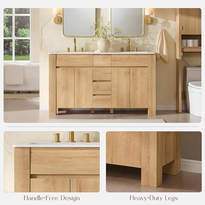 T4TREAM 60 Inch Modern Bathroom Vanity with Double Sink, Natural Oak | Integrated Resin Sink, 4 Soft-Close Doors & 3 Drawers, Handle-Free Design, Thick Heavy-Duty Legs, Oak Grain Finish.