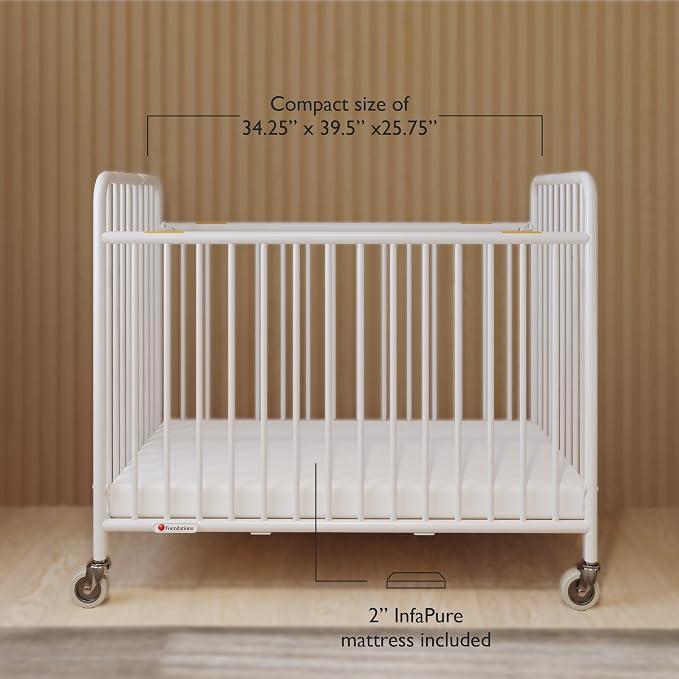 Foundations Stowaway Metal Baby & Toddler Folding Hotel Crib, White