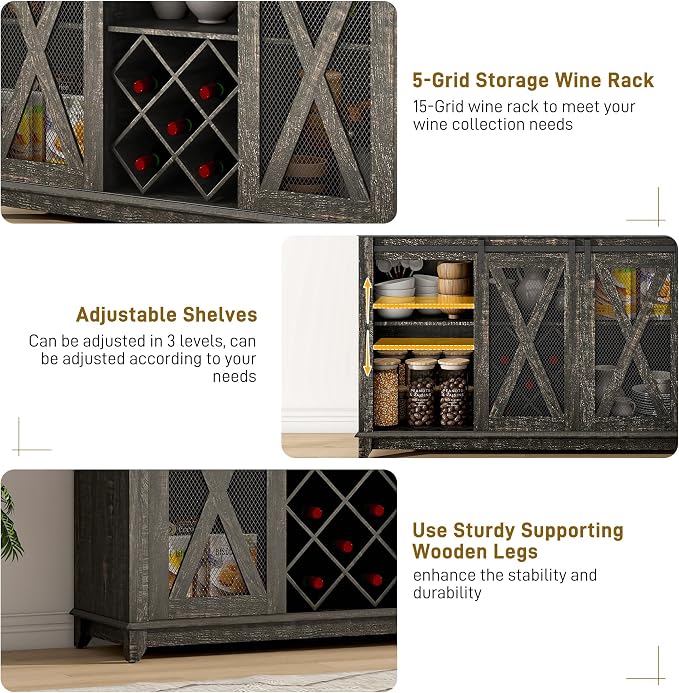47"Wide 56"H Farmhouse Coffee Bar Cabinet with Power Outlet and LED Light,Wine Bar Cabinet w/3 Storage Hutch,Kitchen Buffet Cabinet with 10 Wine and Glass Racks for Kitchen Dining Room(Dark Oak)