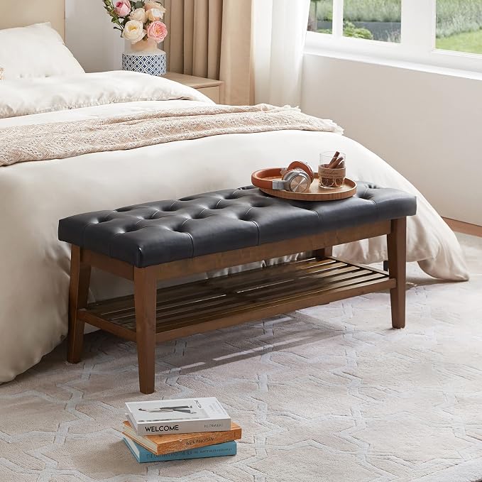 HUIMO PU Leather Entryway Shoe Bench, Button Tufted End of Bed Bench,Black