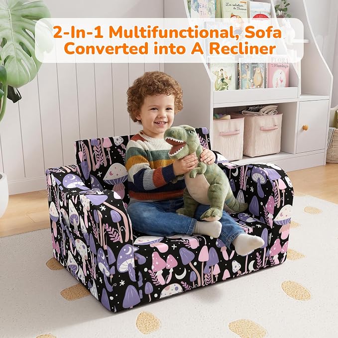 MeMoreCool Kids Couch, Fold Out Sofa Chair with Side Pocket, Mushroom Print