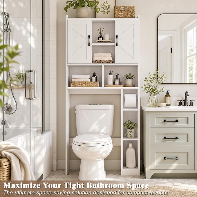 Farmhouse Over The Toilet Storage Cabinet with Barn Door, Reversible Side | 7-Tier Bathroom Organizer, Adjustable Shelves Bottom Bar, Detachable Paper Holder, Anti-Tipping, Laundry Room, White