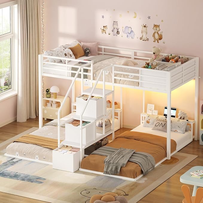 ADORNEVE Triple Bunk Bed Twin Over Twin with Storage Staircase, White