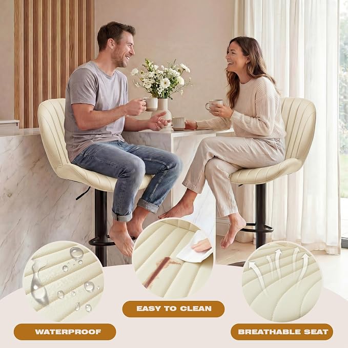 GRUSIGN Bar Stools Set of 4, Modern Swivel Adjustable Bar Chairs, Faux Leather Upholstered Counter Height Bar Stools with Backrest, Comfort Barstools for Kitchen Island, Home Bar, Beige