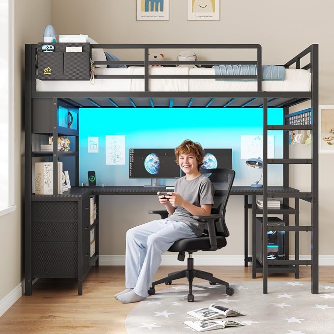 DICTAC Twin Loft Bed with L-Shaped Gaming Desk,Led Lights and Charging Station,Gaming Loft Bed Twin Size with Bookshelf and Glass Cabinet,Metal Loft Beds for Teen with Safety Guardrail and Stair,Black