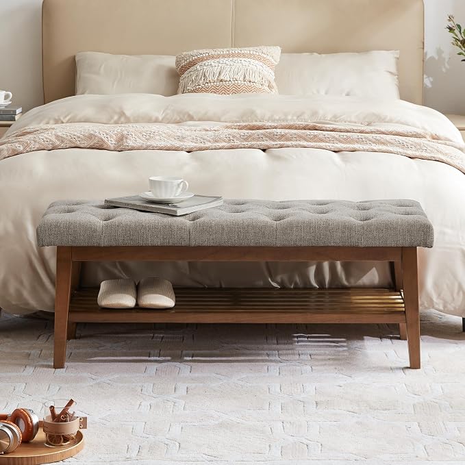 HUIMO Upholstered Entryway Shoe Bench, Button Tufted End of Bed Bench,Brown