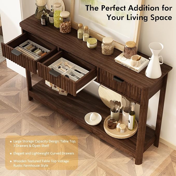 RUSTOWN Fluted Wood Console Table with 3 Drawers, 47.2" Boho Entryway Table