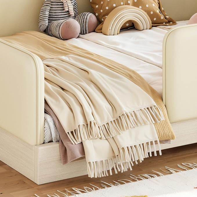 Bellemave Full Upholstered Montessori Floor Bed Frame with Guardrails,Beige