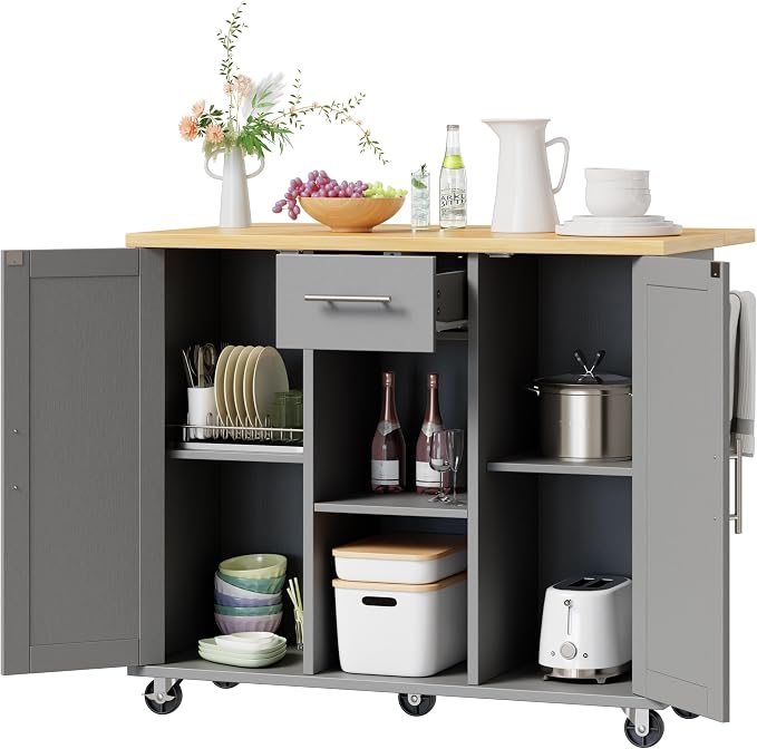 Shintenchi Kitchen Island with Storage, Bar Cart Cabinet Island Table on Wheels, Rolling Microwave Cart for Kitchen with Drop Leaf, Drawers, Towel Rack, Seating Area for Dining Room, Gray