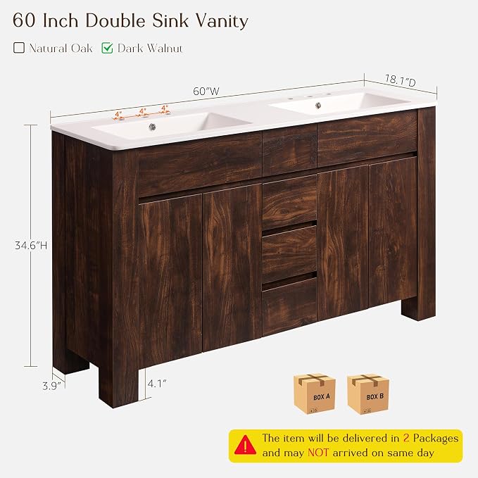 T4TREAM 60 Inch Modern Bathroom Vanity with Double Sink, Dark Walnut | Integrated Resin Sink, 4 Soft-Close Doors & 3 Drawers, Handle-Free Design, Thick Heavy-Duty Legs, Walnut Grain Finish