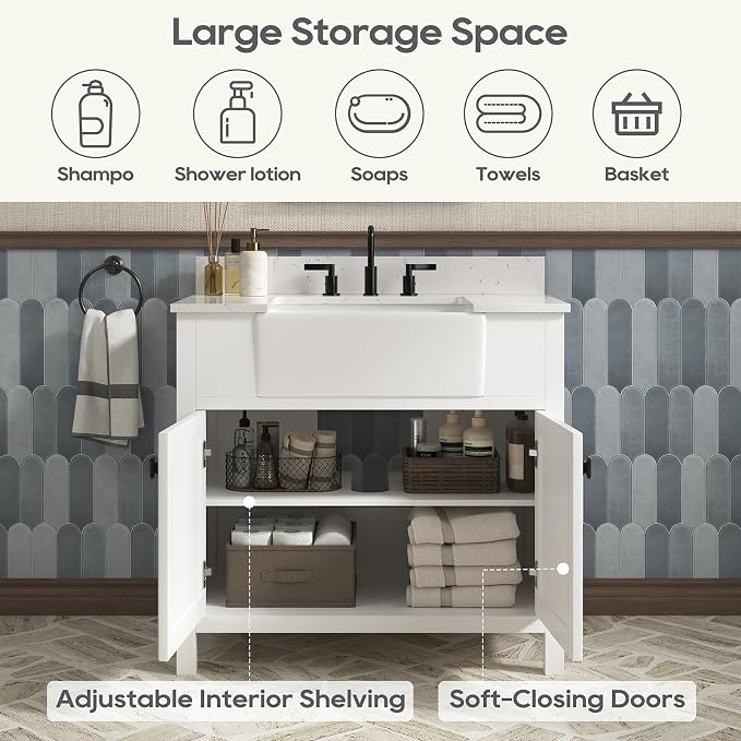36 Inch Farmhouse Bathroom Vanity with Sink, White | Solid Wood Bathroom Sink Cabinet with Soft Close Doors, Single Sink Bathroom Vanity with Adjustable Feet, Apron Farm Sink