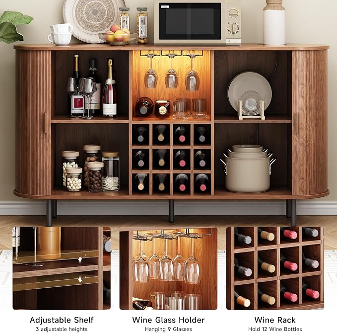 ONBRILL 63" Fluted Wine Bar Cabinet with LED Light Walnut
