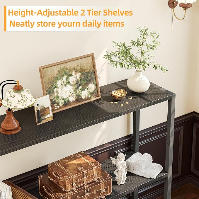 TIQLAB Small Entryway Table, 29.5" Narrow Console Table with Shelves, Black
