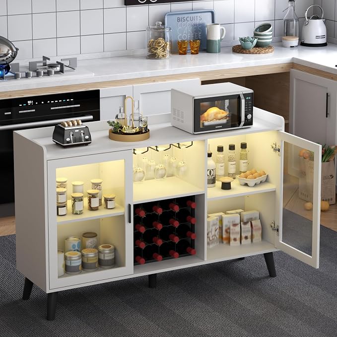 Wine Bar Cabinet with LED Light, Home Coffee Cabinet w/ Wine & Glass Holder