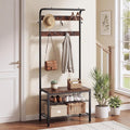 DUMOS 5-in-1 Hall Tree with Coat Rack and Shoe Bench, Industrial Entryway Storage Organizer with Top Hanging Rod, 10 Movable Hooks & Side Hooks, Mudroom Bench with 2-Tier Shoe Rack, Dark Brown
