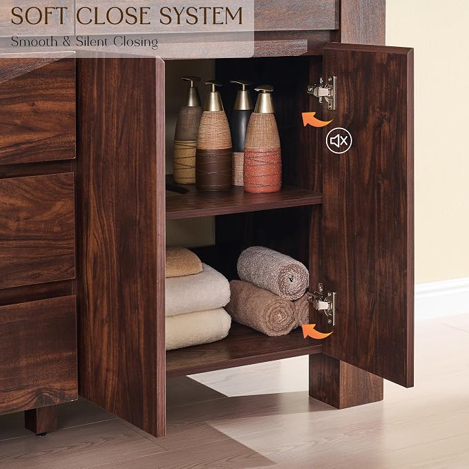 T4TREAM 60 Inch Modern Bathroom Vanity with Double Sink, Dark Walnut | Integrated Resin Sink, 4 Soft-Close Doors & 3 Drawers, Handle-Free Design, Thick Heavy-Duty Legs, Walnut Grain Finish