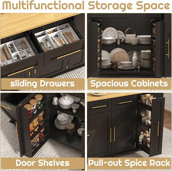 St.Mandyu 69" Large Kitchen Island on Wheels, Kitchen Rolling Island Cart with Trash Storage Cabinet, Power Outlet, 3-Tier Pull-Out Storage Trays, Drop Leaf, Mobile Island Table for Kitchen, Black