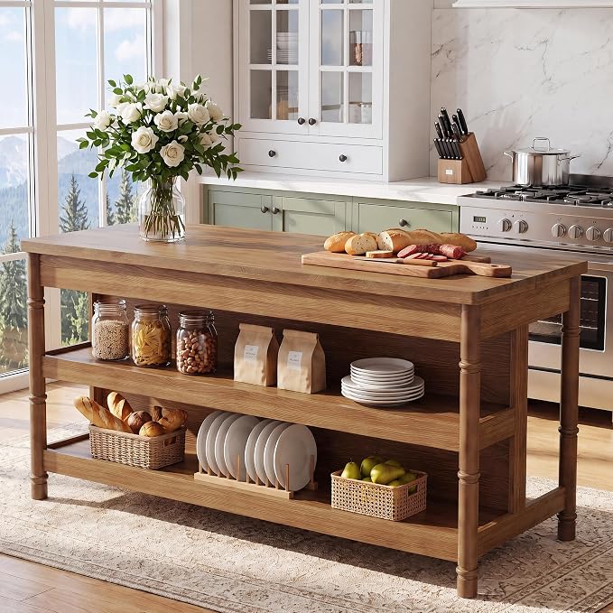 63" Solid Wood Kitchen Island Table with Storage & Seating