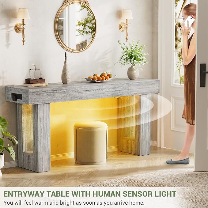 Unikito 63" Console Table with Sensor Light and Oulets, White Oak
