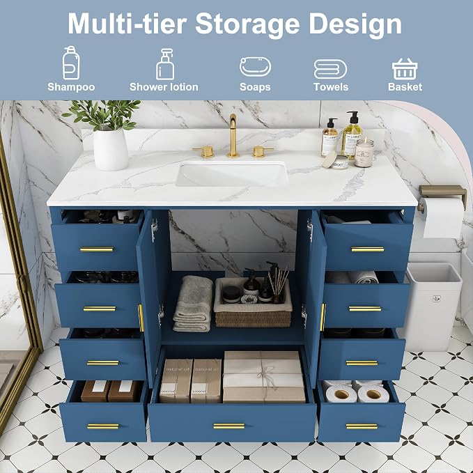 Montary 48" Bathroom Vanity with Sink & 49" Carrara Quartz Top | with 3 Pre-Drilled Faucet Holes, Solid Wood Cabinet, Soft-Close Double Doors & 9 Smooth-Glide Drawers,Blue
