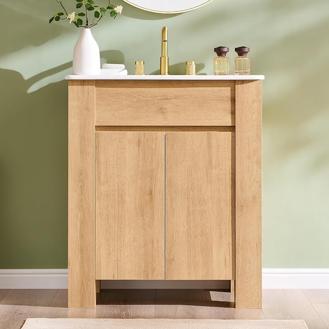 T4TREAM 30 Inch Bathroom Vanity with Sink, Modern Single Sink Bathroom Vanity, Small Bathroom Cabinet with Handle-Free Design, Natural Oak