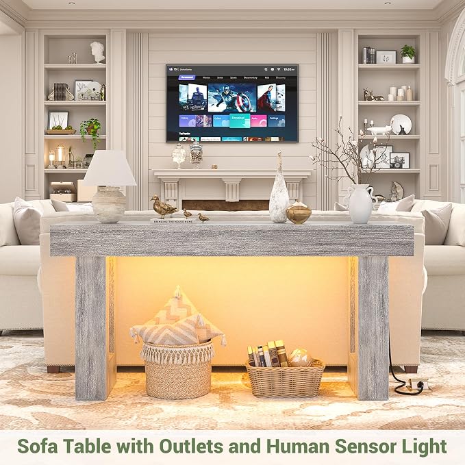Unikito 63" Console Table with Sensor Light and Oulets, White Oak