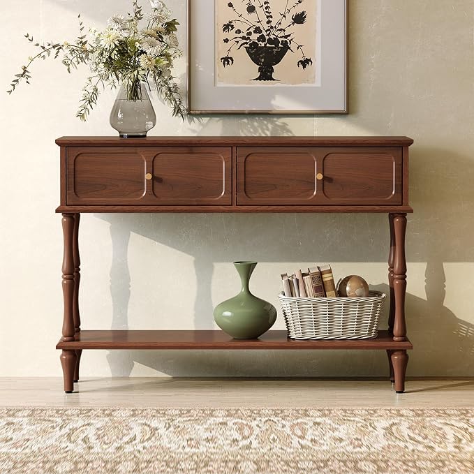 ARTPOWER 47" Mid-Century Console Table, 2 Drawers and Open Shelf, Brown