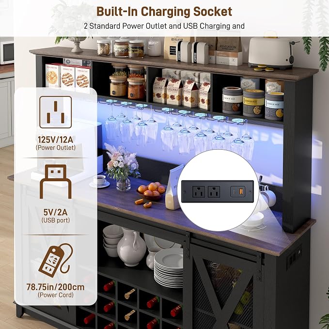 63"Wide 58"H Farmhouse Coffee Bar Cabinet with Power Outlet and LED Light,Wine Bar Cabinet w/ 4 Storage Hutch,Kitchen Buffet Cabinet with 15 Wine and Glass Racks for Kitchen Dining Room(Black)