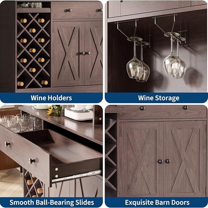 Garvee Coffee Bar Cabinet with Power Outlet & Exquisite Barn Doors, Sideboard Buffet Cabinet with Wine Bottle Rack, Storage Cabinet for Kitchen, Dining Room