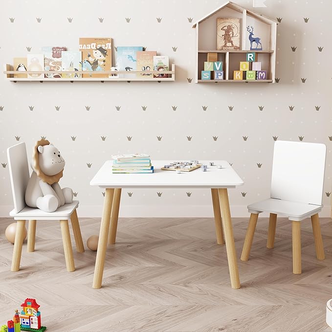 Kids Table and 2 Chairs Set, 3 Pieces Toddler Table and Chair Set, Kids' Table & Chair Sets, Kid Play Table for Daycare, Classroom, Home (White)