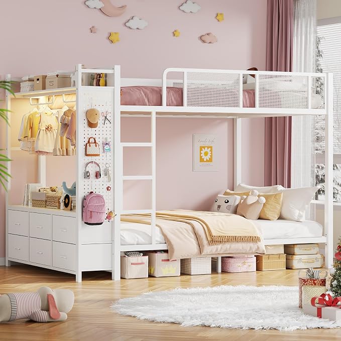 Itaar Metal Bunk Bed Full Over Full with Hall Tree, Power Outlet, LED Bunk Bed with 6 Storage Drawers, Bed with 13‘’ Safety Guardrail & Ladders for Kids and Teen, 400lb Weight Capacity, White