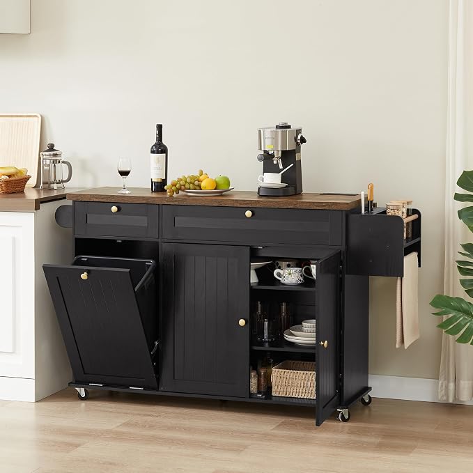 ONBRILL 60" Kitchen Island with Trash Can Storage, Black+Rustic Brown