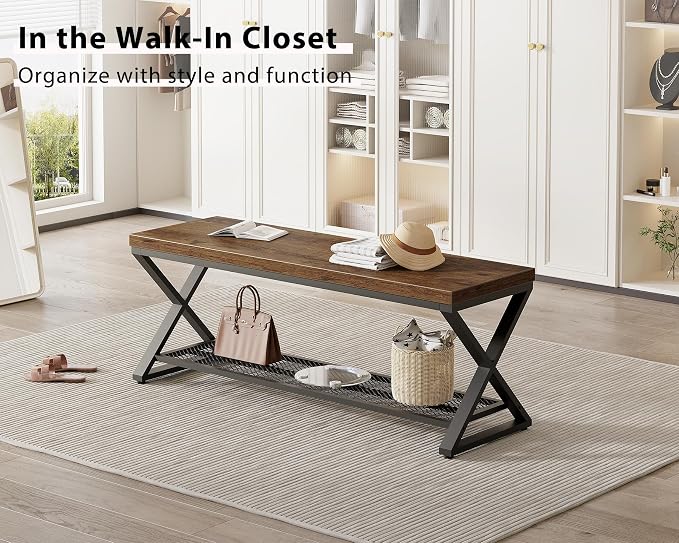 LVB Rustic Brown Entryway Bench, 47” Industrial Shoe Bench with Storage