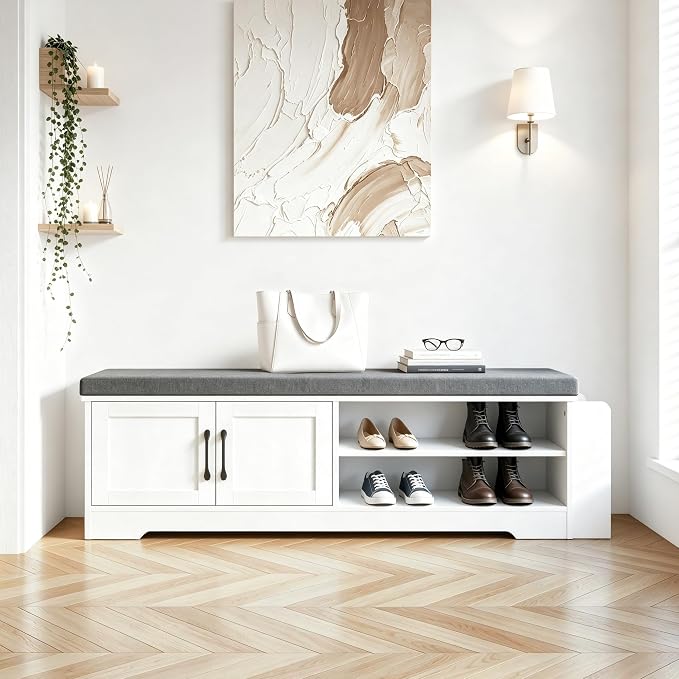 Farmhouse Shoe Storage Bench with 3-in-1 Entryway Storage & Padded Seat
