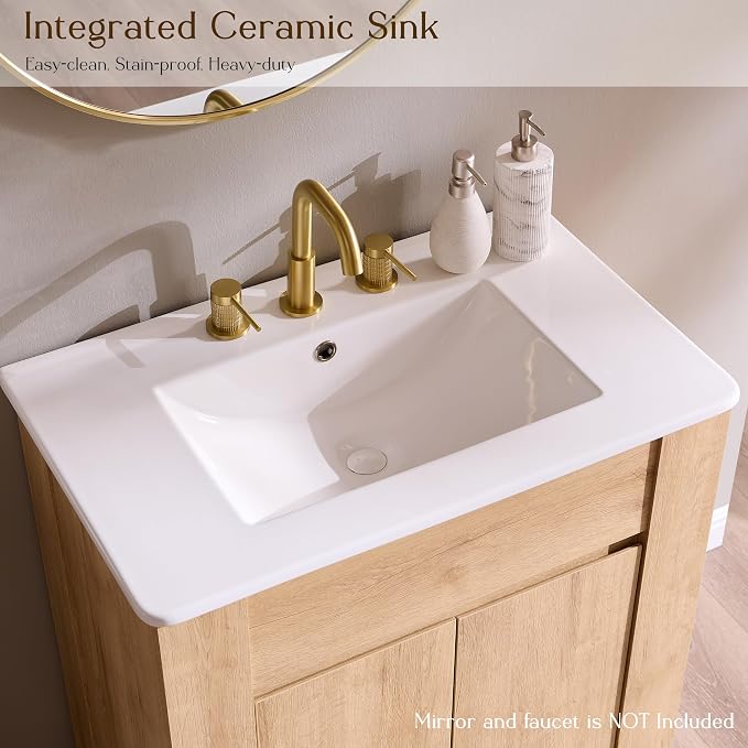 T4TREAM 30 Inch Bathroom Vanity with Sink, Modern Single Sink Bathroom Vanity, Small Bathroom Cabinet with Handle-Free Design, Natural Oak