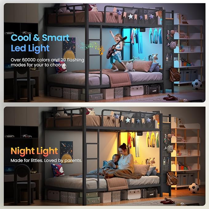 Itaar Metal Bunk Bed Twin Over Twin with Hall Tree, Power Outlet, LED Bunk Bed with 4 Storage Drawers, Bed with Safety Guardrail & Ladders, No Box Spring Needed, Easy Assembly, Rustic Brown