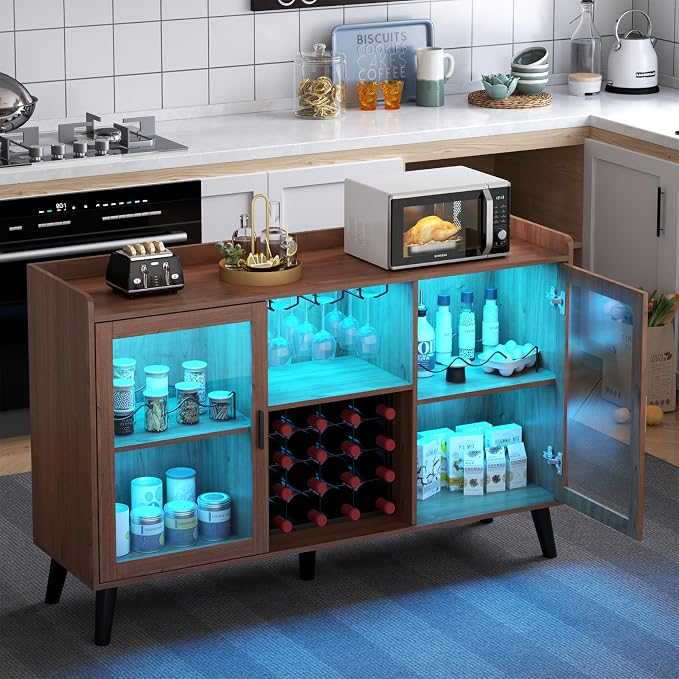 Wine Bar Cabinet with LED Light, Home Coffee Cabinet w/ Wine & Glass Holder