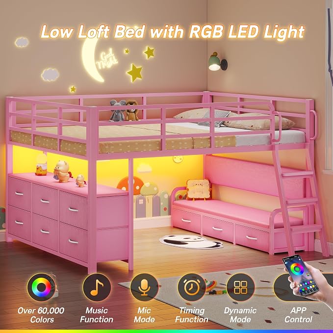 Dnxao Low Loft Bed Full Size with Desk and 9 Storage Drawers for Girls,Pink