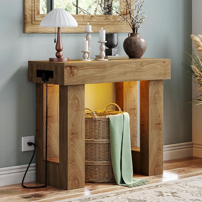 Unikito 39" Entry Table with Sensor Light and Power Outlets, Natural Oak