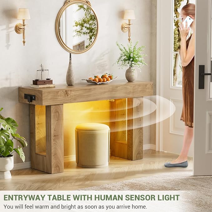 Unikito 47" Entryway Table with Socket & Sensor Light, Natural Oak