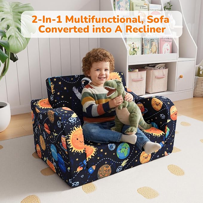 MeMoreCool Kids Couch, 2-in-1 Fold Out Sofa Armchair, Astronaut Print, Foam