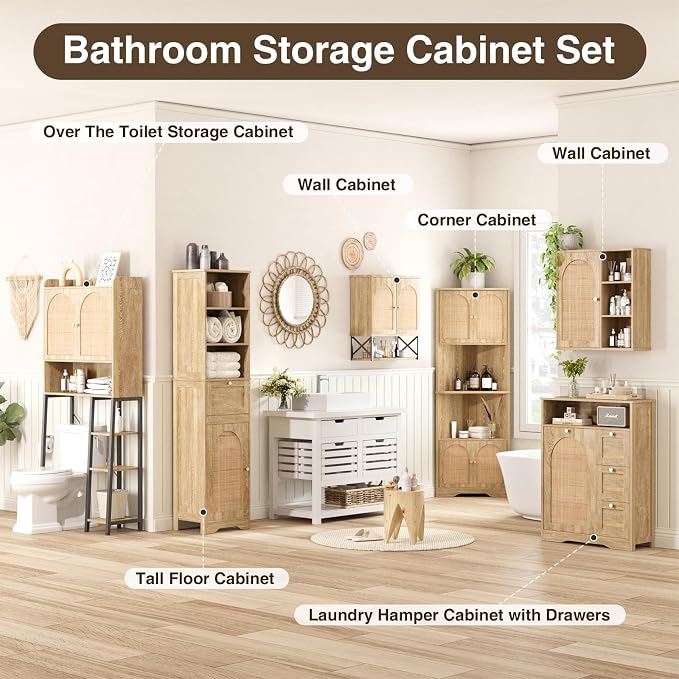 Tall Narrow Rattan Bathroom Storage Cabinet with Doors and Drawers, Natural | Freestanding Skinny Tower Linen Cabinet, Rattan Door, Rattan Drawer, Adjustable Shelves, Open Storage, for Kitchen, Bathroom