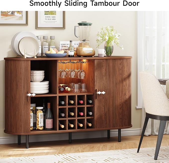 ONBRILL 55" Fluted Wine Bar Cabinet with LED Light Walnut
