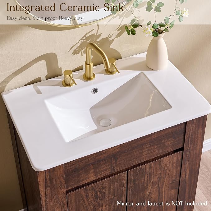T4TREAM 30 Inch Bathroom Vanity with Sink, Modern Single Sink Bathroom Vanity, Small Bathroom Cabinet with Handle-Free Design, Dark Walnut