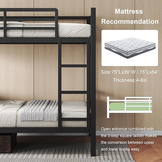 Feonase Metal Twin Over Twin Bunk Bed with Ladder and High Guardrail, Heavy-Duty Metal Slats Support, Noise Free, No Box Spring Needed, for Kids and Juniors, Black