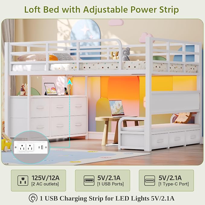 Dnxao Low Loft Bed Twin Size with 9 Storage Drawers and Desk for Kids,White