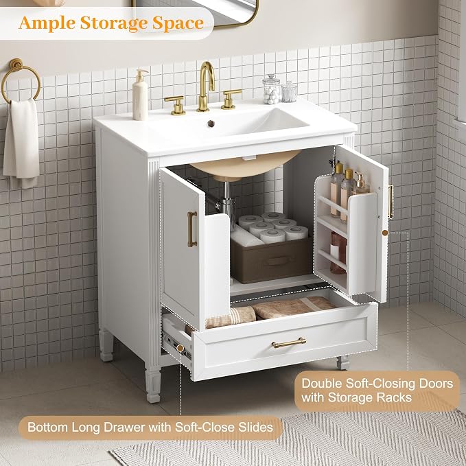 Merax 30" Bathroom Vanity with Undermount Ceramic Sink, Cabinet with Two Door Rack Shelves and One Drawer, Soft Closing Doors, White