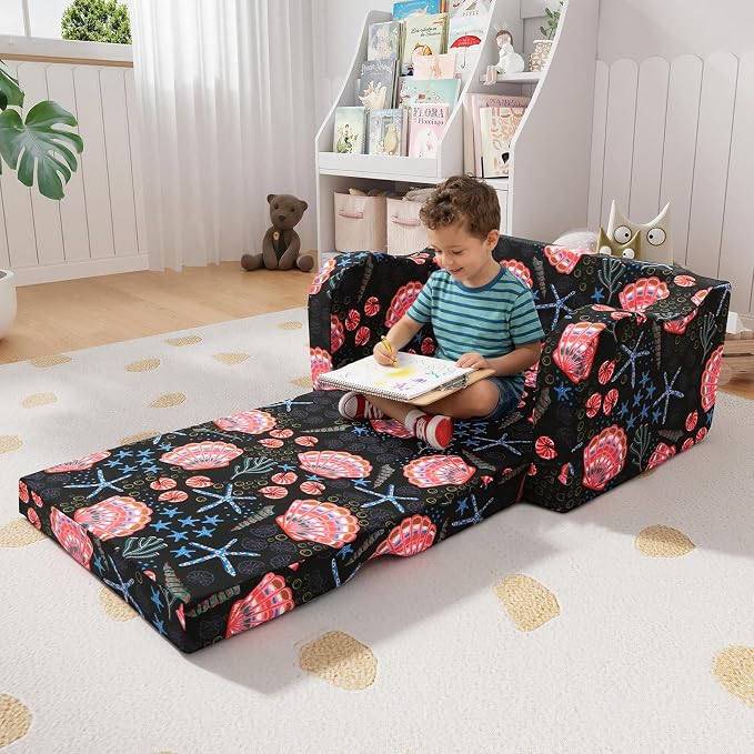 MeMoreCool Kids Sofa, 2-in-1 Fold Out Armchair, Washable Cover, Shell Print